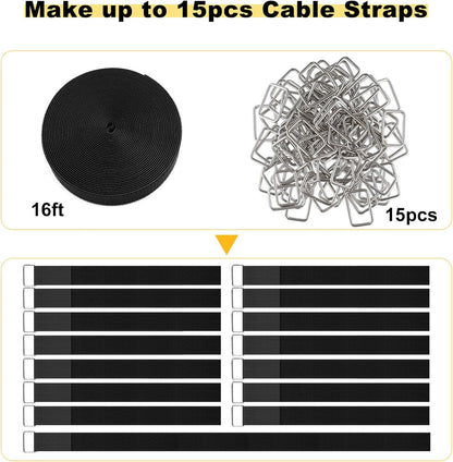 1.5"x16ft Hook and Loop Straps with 15 Metal Buckles, Adjustable Fastening Cable Straps, Cut-to-Length Cinch Strap, Reusable Nylon Securing Cord Ties for Organizer or Storage, Black