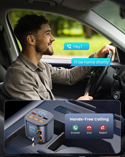 [2025 Upgraded] 81W Retractable PD Car Charger with Bluetooth 5.3, FM Transmitter, Hands-Free Calling, MP3 Player, USB & LED Display – USB-C Bluetooth Adapter for All Phones