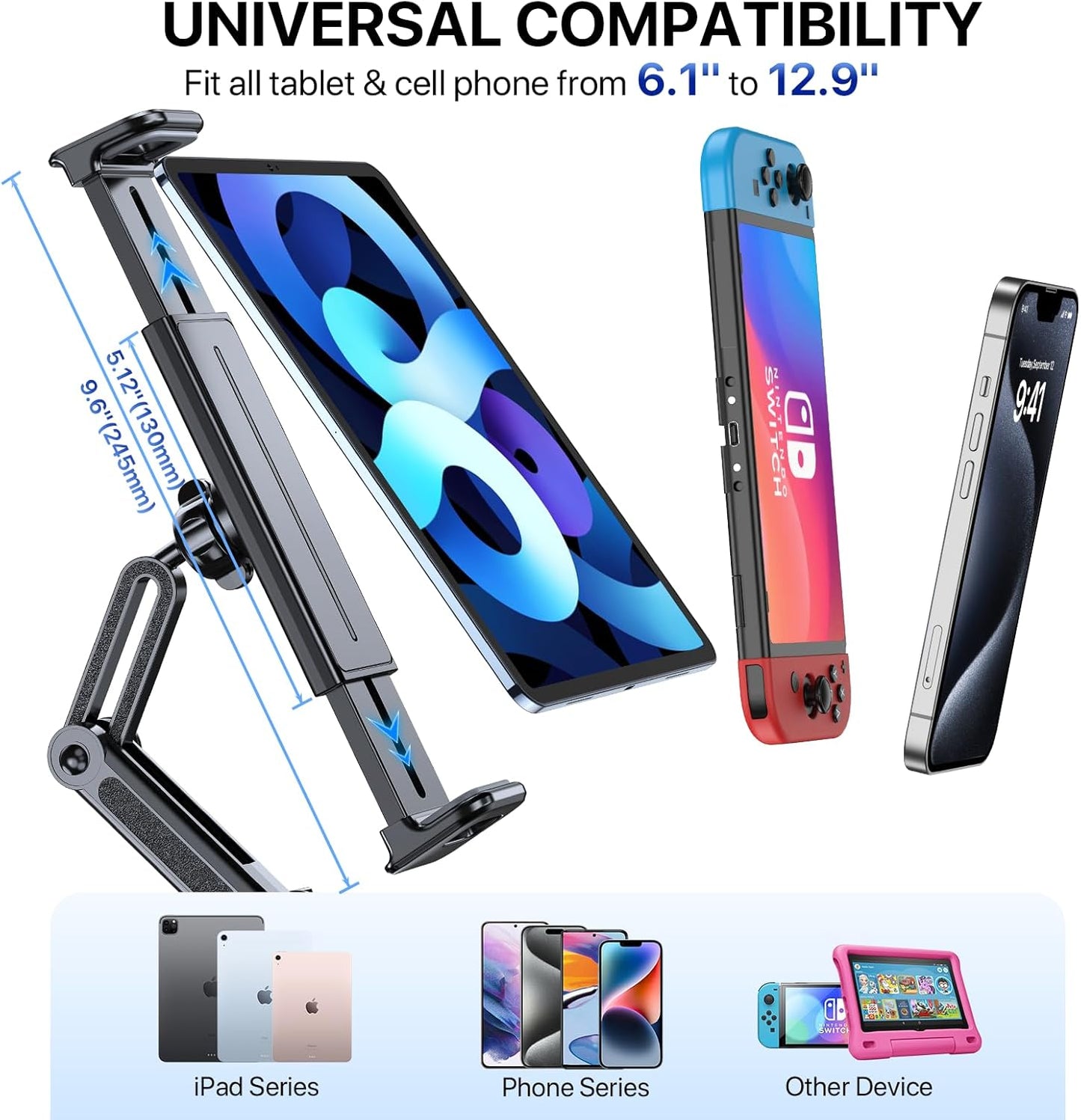 Miracase Cup Holder Tablet Mount for Car, Adjustable Long Neck Car Tablet Holder Friendly Compatible with iPad, Pro, Air, Mini Samsung Galaxy Tab, All 6.1-12.9" Tab