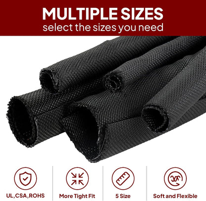 Black Braided Cable Management Sleeves Wire Loom Tubing Cord Protector Self-Wrapping (3/8"-30Feet)