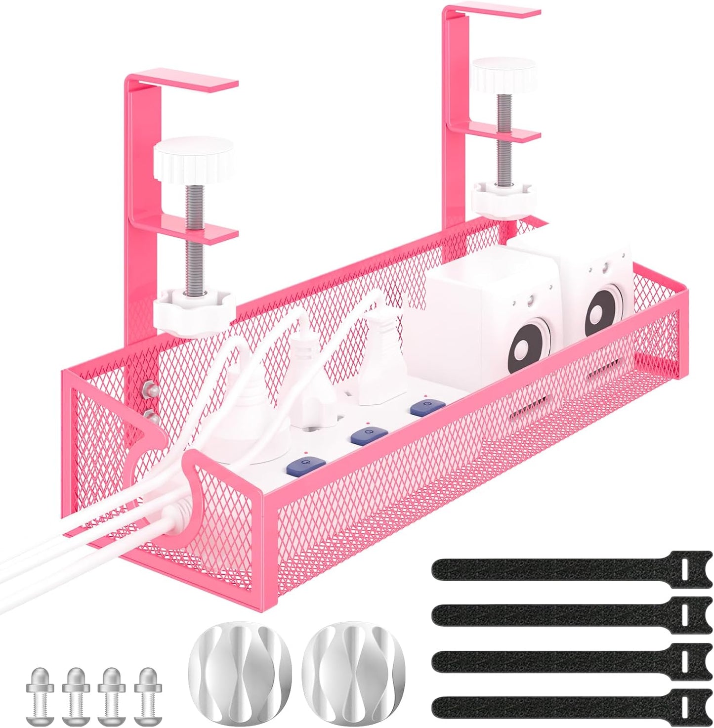 Under Desk Cable Management Tray Black, No Drill Desk Cable Wire Management Organizer with Clamp, PC Cord Organizer Accessories & Workspace for Office, Home（Pink）