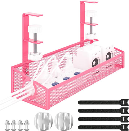 Under Desk Cable Management Tray Black, No Drill Desk Cable Wire Management Organizer with Clamp, PC Cord Organizer Accessories & Workspace for Office, Home（Pink）