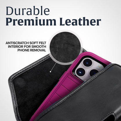 Turtleback Belt Clip for iPhone 16 Pro Max, 15 Pro Max, 14 Pro Max -Large- Fits w/Defender Bulky Style Cases, Premium Black Leather, Horizontal Belt Holder, Magnetic Closure, HD Rotating Clip
