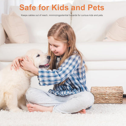 Cable Management Box, Cord Hider Organizer Box with Lid 2-Pack,2 Side Open Slots Handwoven Water Hyacinth Storage Box for Power Strips, Floor, Desk, Office