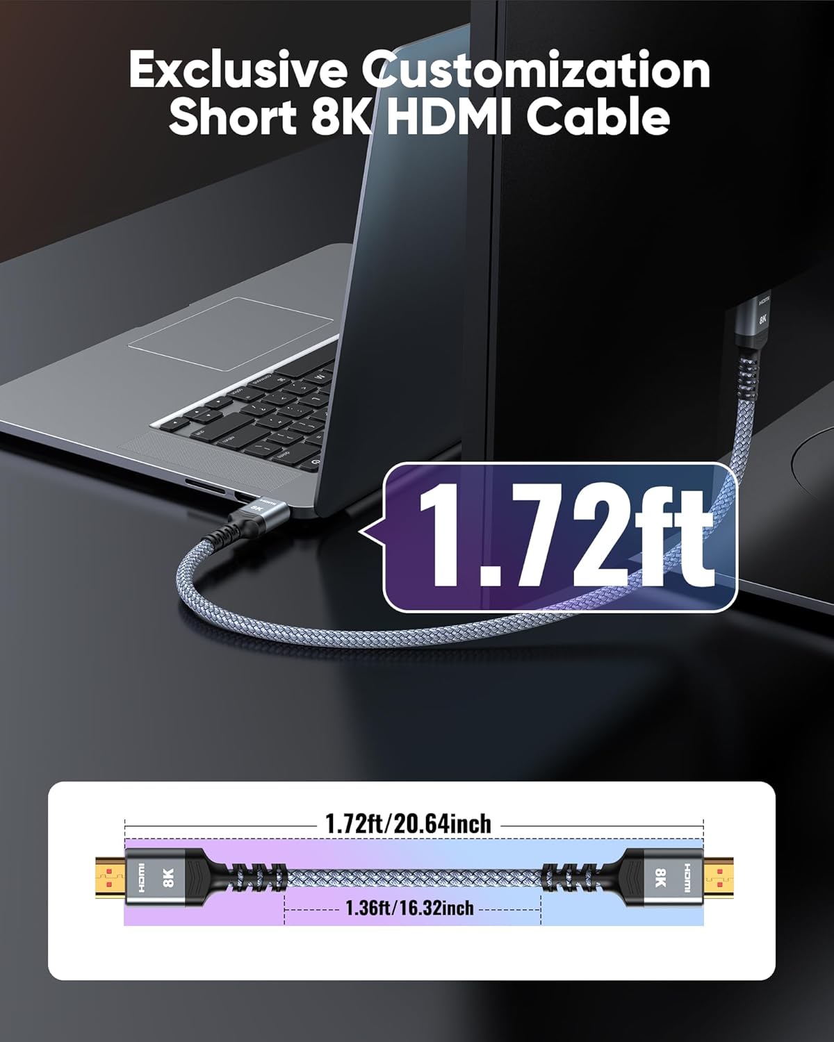 Highwings Short 8K HDMI Cable 1.72ft Total Length, 1.36ft Cable Length, Ultra High Speed HDMI Braided Cord-4K@120Hz, 8K@60Hz,eARC, Compatible for PS5,Monitor,PC and More