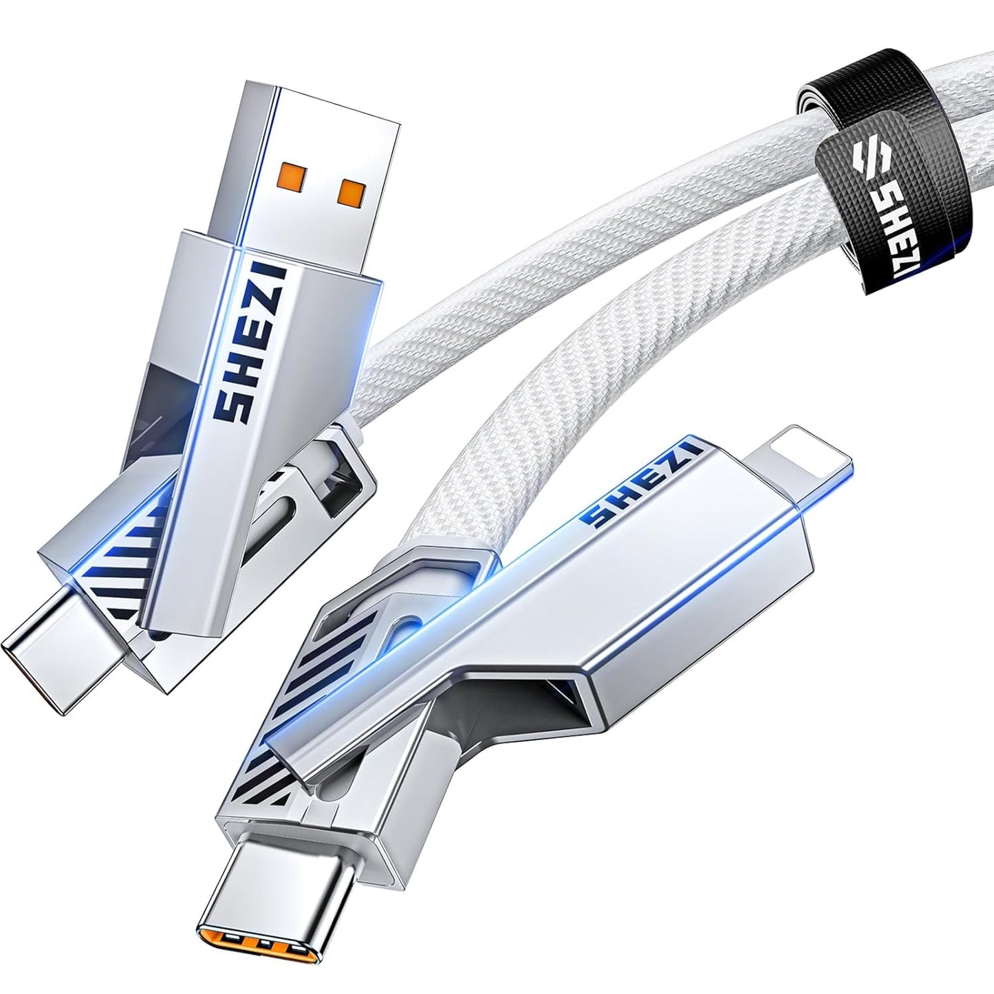 SHEZI [Upgraded 2.0] 4-in-1 USB C Cable 60W 5FT Fast Charging [480Mbps Data Sync] Flat Nylon Braided Charger Cord Combo, USB A/C to C/L Multi Charge Cable for iPhone/iPad & Most Devices, Silver