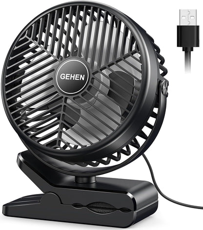 GEHEN Clip-On Fan with Sturdy Clamp, USB-Powered Fan 3-Speed, Ultra-Quiet Operation Ideal for Bedroom, Office, & Stroller