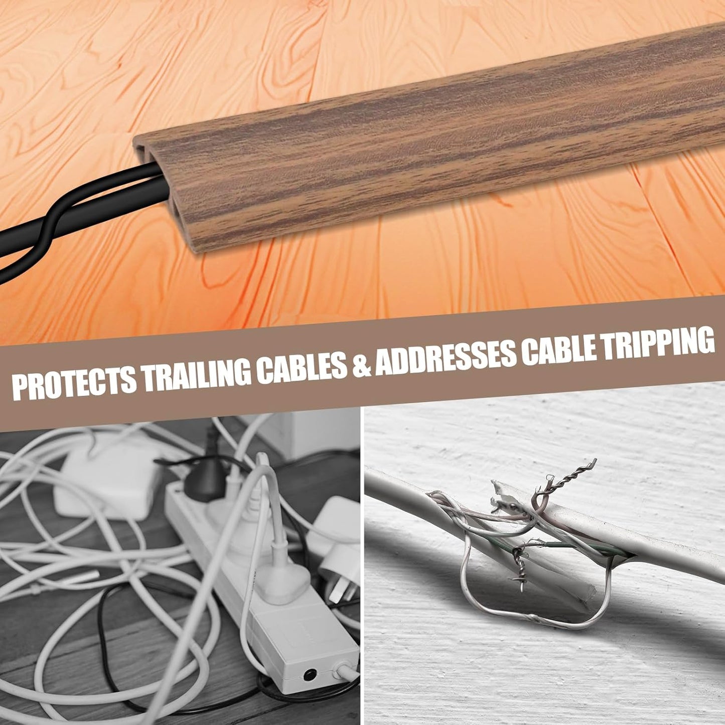 Floor Cord Cover Cavity 0.8"x0.37" Self Adhesive Cord Hider, 10FT Low Profile Cable Management, Extension Strip Protector for Wires, Prevent Cable Trips for Offices, Gyms,(Wood Smoked Brown)