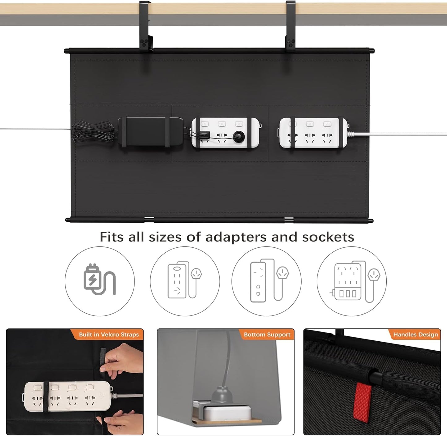 Under Desk Cable Management Tray - 28" Cord Organizer for Desk No Drill, Fabric Under Table Wire Organizer with 16X Cable Ties Hide for Office/Home, Cord Hider Fits Adapters & Sockets, Black