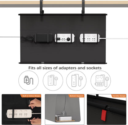 Under Desk Cable Management Tray - 28" Cord Organizer for Desk No Drill, Fabric Under Table Wire Organizer with 16X Cable Ties Hide for Office/Home, Cord Hider Fits Adapters & Sockets, Black