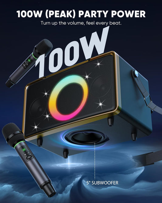 GFEEN Portable Bluetooth Speaker: 100W(160W Peak), 15H Playtime, Wireless Speakers with Microphone, 5″ Subwoofer, Loud Sound, Light Show, Fast Charging for Outdoor, Party, Backyard(Gold with 2Mic)