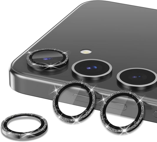 for Samsung Galaxy S25 Plus Camera Lens Protector, Individual Metal Ring Tempered Glass Lens Cover, [Strong Adsorption] Scratch Resistant Ultra-Thin HD Clear Lens Cover, 1 Set-Black Sparkly
