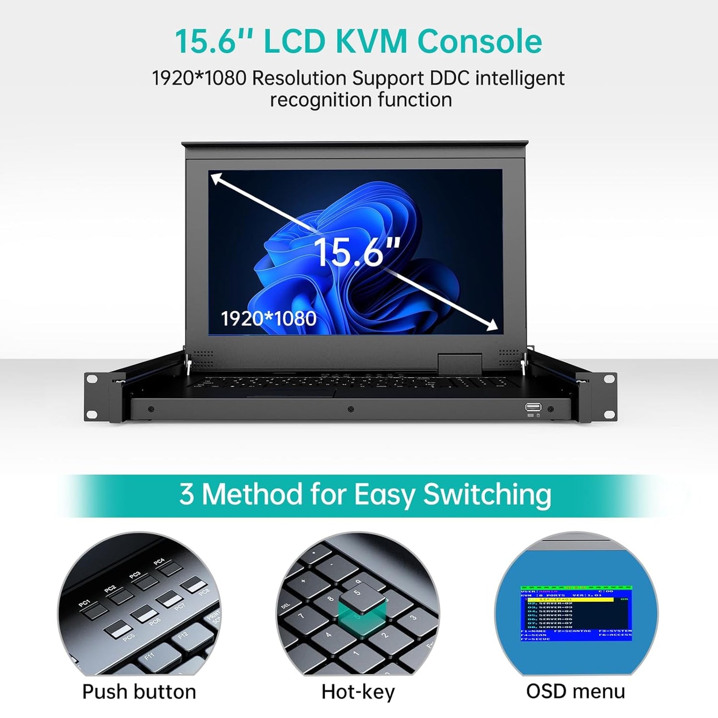 MT-VIKI 16-Port HDMI LCD KVM Console, 1U Rack Mount with 15.6'' LCD Monitor, 1080P@60Hz + 16 KVM Cables, for Short-Depth & Standard Rack