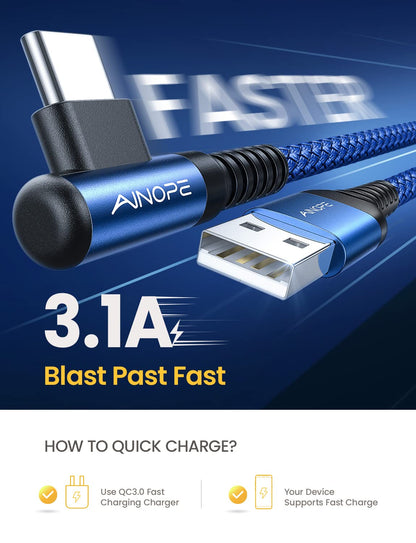 1.6FT USB to USB C Cable, 3.1A C Charger Cable Fast Charging Right Angle, Type C Cable Samsung Resistant Nylon Braided Compatible with Galaxy S22 S21 S10, Note 10 9 A51 LG G8 G7 Charging Cord