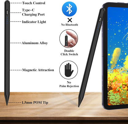 Active Stylus Pens for Touch Screens Rechargeable Tablet Pen POM Tip Magnetic iPad Pencil Stylus Pen for iPad/Pro/Air/Mini/iPhone and Other Smartphone Device-Black