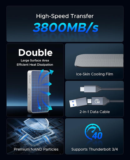 ORICO 2TB USB4.0 External SSD 3800MB/s(40Gbps) - Ultra-Fast Portable NVMe SSD, Compatible with Thunderbolt 3/4, Fanless Aluminum Design for Photographers, Video Editors X40