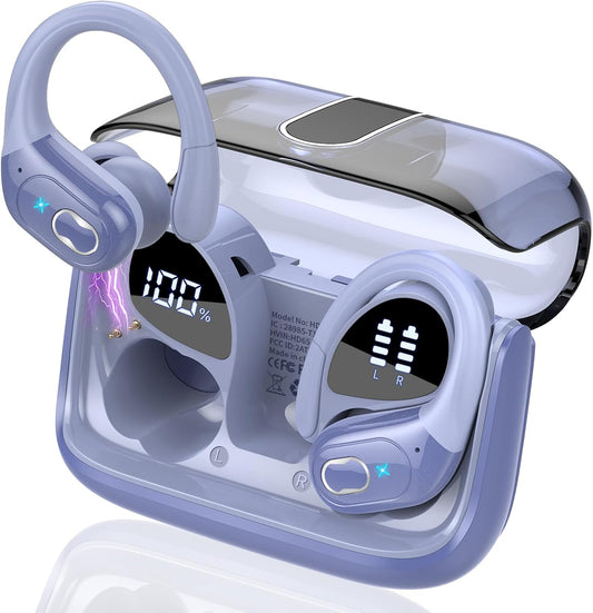 Wireless Earbuds 75hrs Bluetooth 5.4 Headphone Sport, 2025 Bluetooth Earbuds Stereo Deep Bass Over Ear Bud with Earhooks, ENC Noise Cancelling Mic, IPX7 Waterproof Earphone, Purple Blue