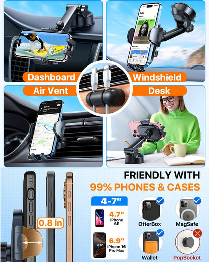 HTU 2025 Best Car Phone Holder 【Ultimate 5-in-1 & Upgraded 100+LBS Strongest Suction】【True Military-Grade & Safety Cert】 360° Windshield Dashboard Vent Mount Stand for iPhone Android & Truck, Blue