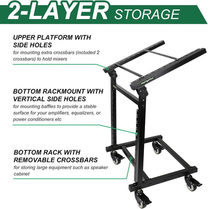 12U DJ Mixer Stand Rack Mount Rolling Stand Stage Cart Adjustable Rack Mount for Music Studio Booth Pro Audio Recording Cabinet Stage Equipment