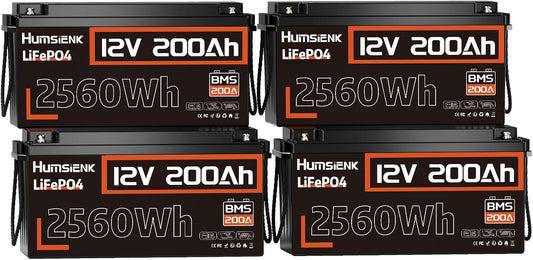 4PACK 12V 200Ah LiFePO4 Battery, Built-in 200A BMS, Rechargeable Deep Cycles DIY Battery, 2560Wh Lithium Battery for Off-Grid and Home Solar System, Marine, Trailer, RV