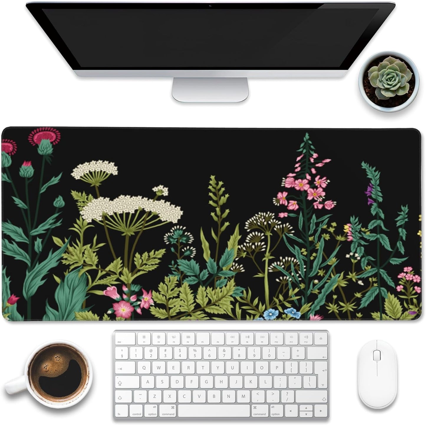 Large Gaming Mouse Pad for Desk,Wildflowers Night Desk Mat,Wild Floral Flower Desk Pad,Extended Big Computer Keyboard Mouse Pad with Non-Slip Base and Stitched Edge,35.4"x15.7"