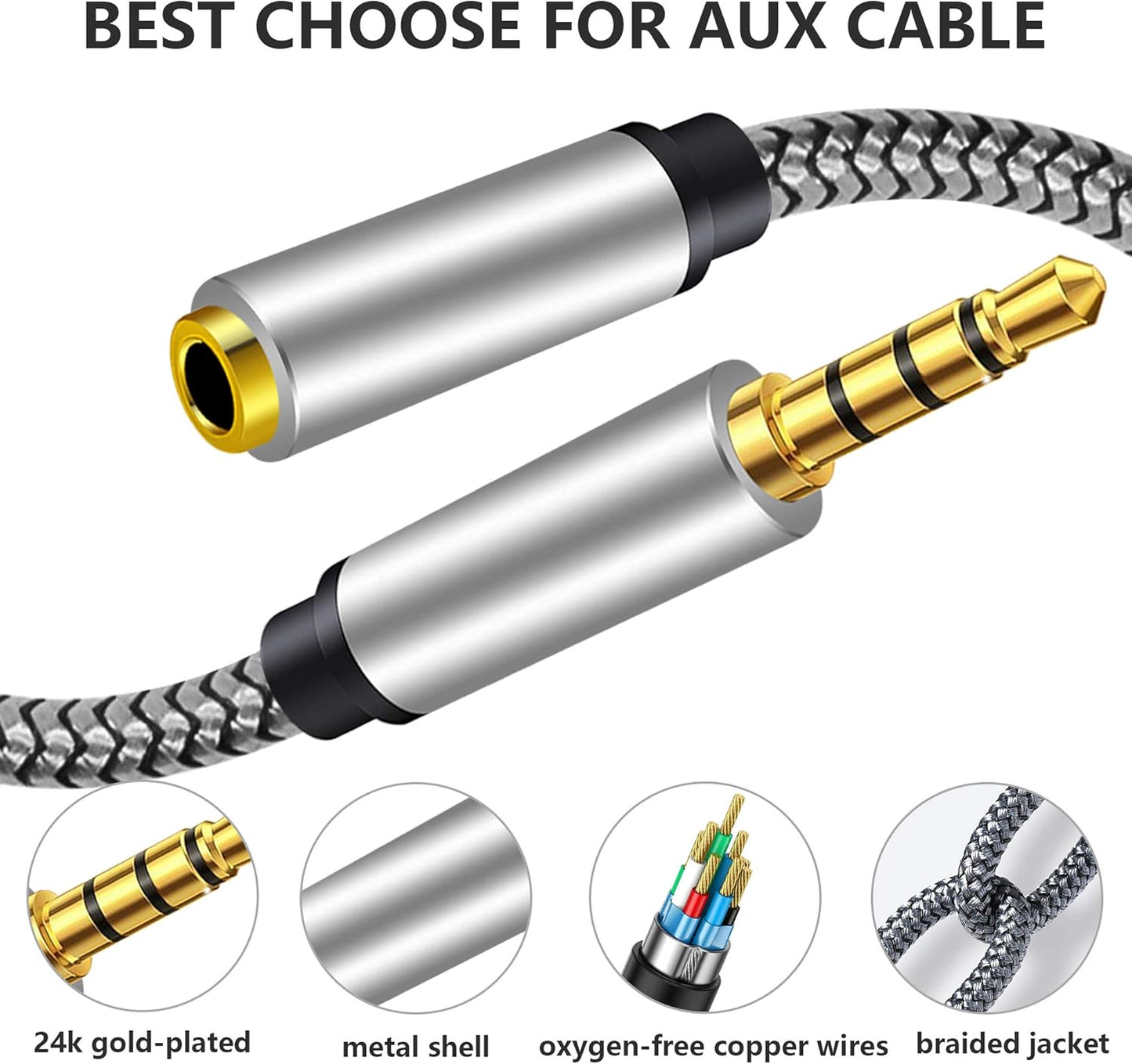 Male to Female Audio Cable 3Ft,Tan QY Male to Female for Phone Headphone Conversion Cord 3.5mm 4 Pole Audio Adapter for Tablet/PC/ PS4 and More (3Ft, Silver)