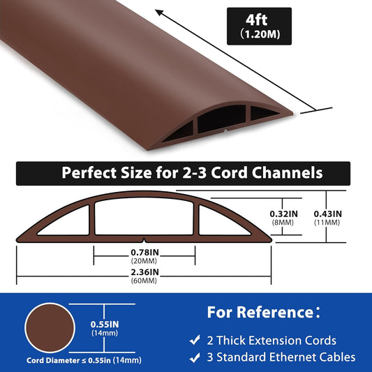 4ft Cord Hider Floor, LZEOY Heavy Duty Cord Covers for Wires on Floor, Brown Floor Cable Management, Hide Cord Cover Floor, Electrical Cable Hider Cord Protector Floor, Cable Cavity: 0.78" W x 0.32" H