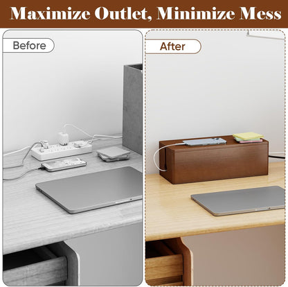 Delamu Wooden Cable Management Box with Magnetic Lid, Duty Cord Organizer for Desk Power Strip Hider Cover with Ventilation for Desk, Floor, Home Office, Baby Pets Safe Storage Solution