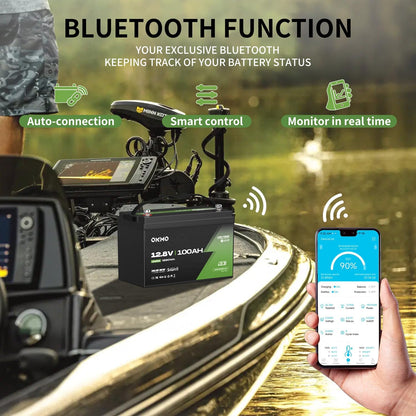 OKMO 12V 100Ah TM LiFePO4 Battery, Lithium Battery 150A BMS with Bluetooth, 10 Years Lifetime 15000+ Deep Cycles,for Marine, RV, Trolling Motor, Boat, Camper, Low Temperature Protection