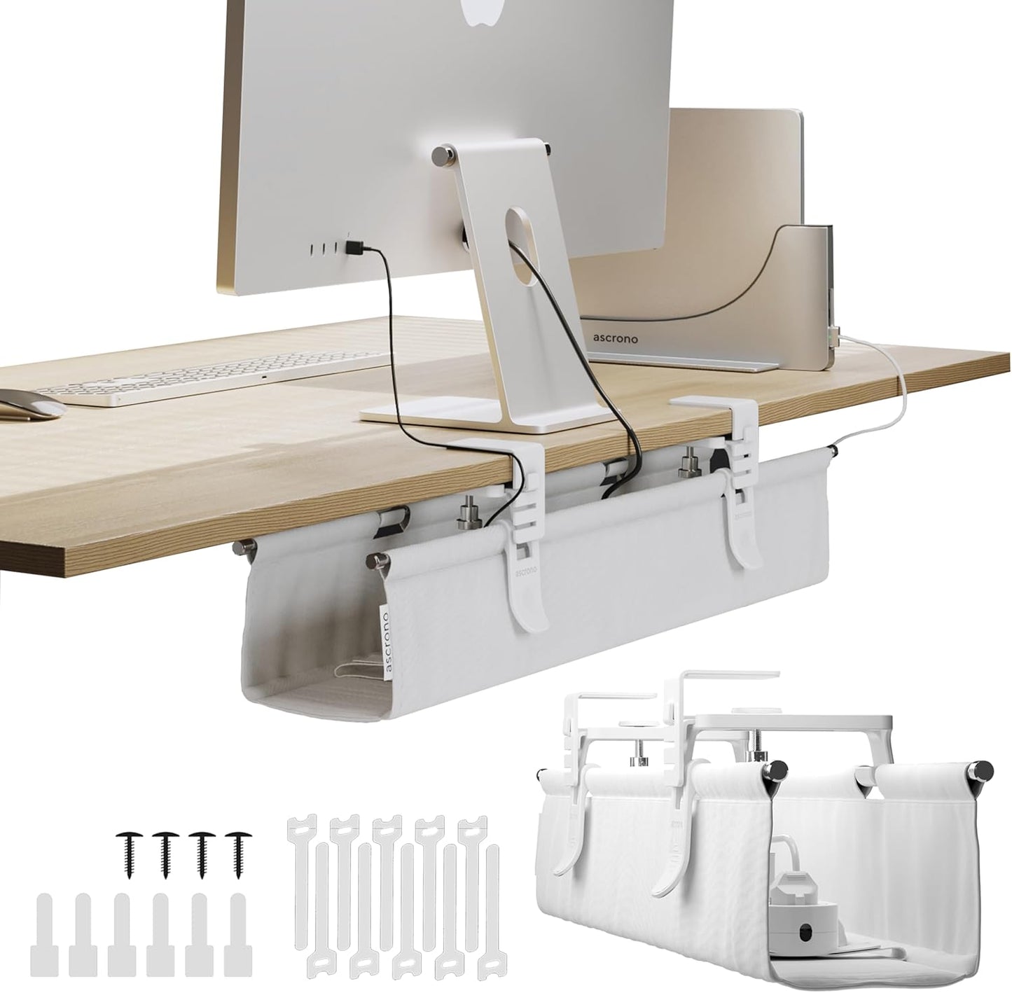 Ascrono Original No Drill Under Desk Cable Management Tray 27.3" - Premium White Fabric Cable Management Under Desk - Clamp/Screw Mount Cord Organizer - Supports Upto 66lbs
