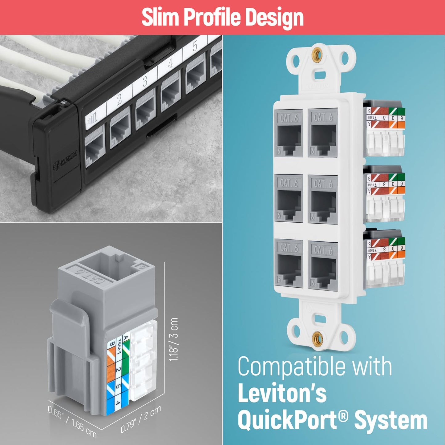 Everest 90° Angled RJ45 Cat6 Keystone Jacks 100-Pack in Gray - Slim Profile Female RJ45 Connectors - Cat 6 Keystone Jack - Compatible with 90° Angled Speed Termination Tool - easyJACK (B094WB91H3)