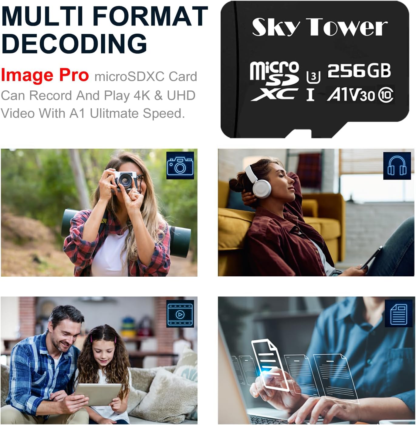 Sky Tower Ultra microSDXC microSDHC UHS-I Memory Card with Adapter [New Version] Flash Memory Card - Up to 100MB/s, U1, Class10, V10, A1, High Speed TF Card (256GB Micro SD Card 1 Pack)