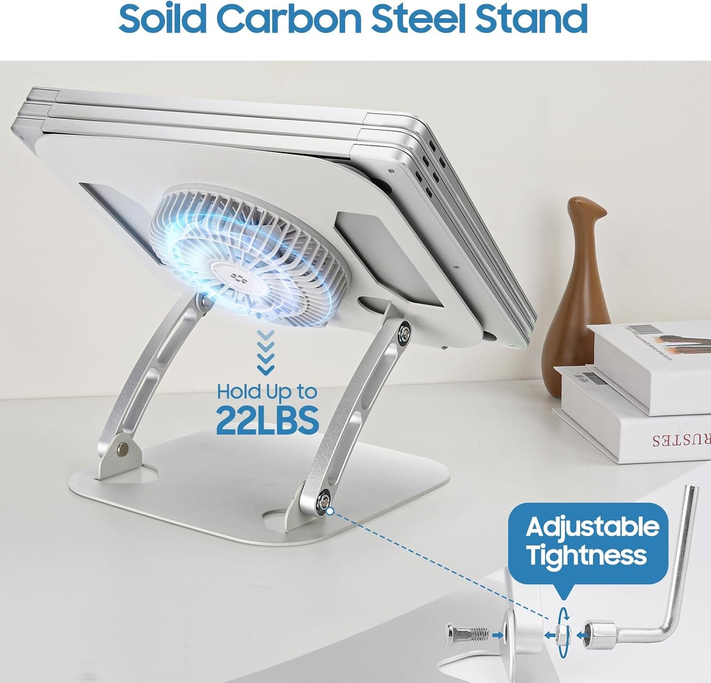 SHUWEI Laptop Cooling Stand with 3 Speed Fan, Adjustable Height & Angle, Carbon Steel Framework, Ultra-Quiet & Super Sturdy for up to 16”Laptop - Silver