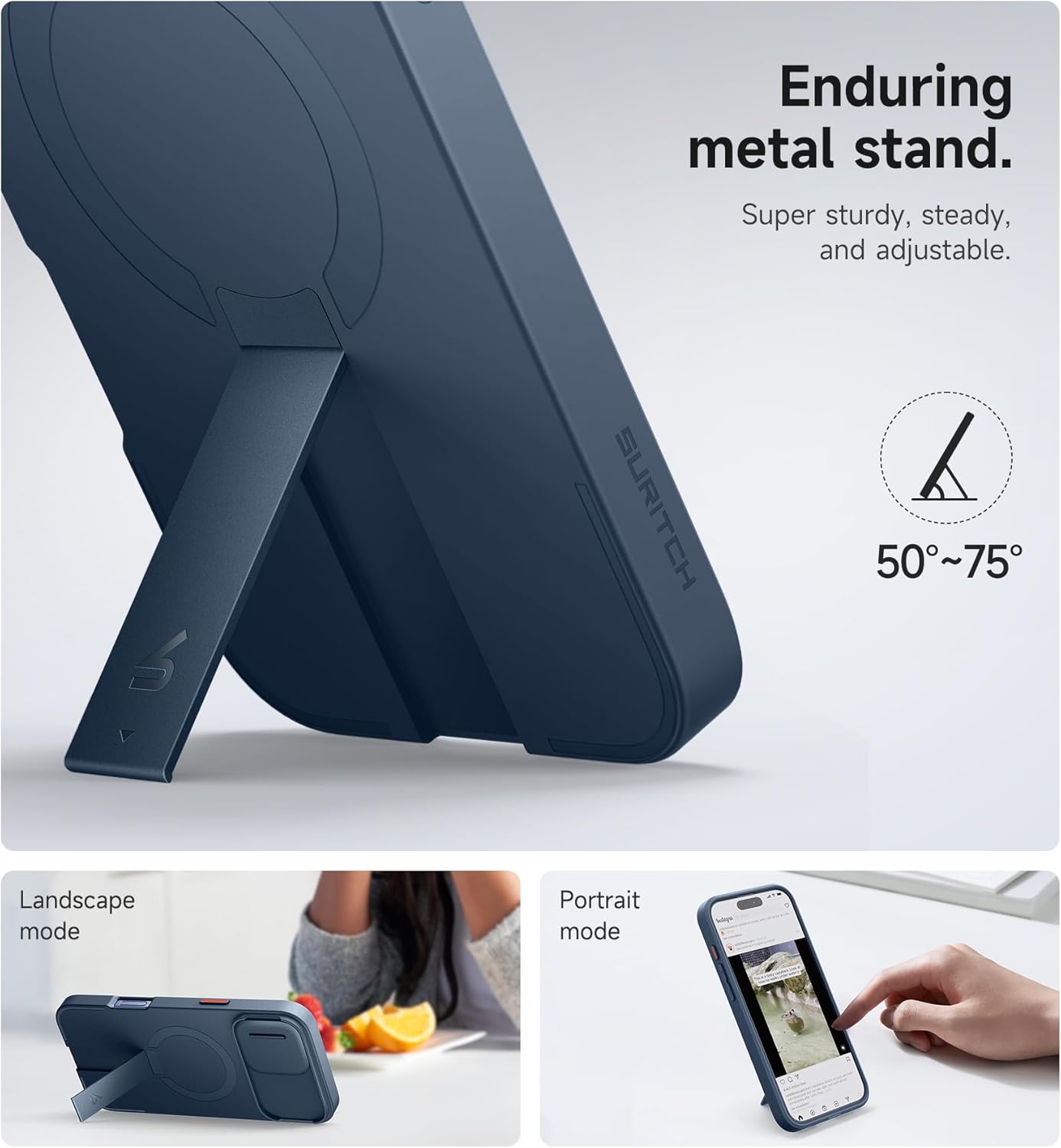 SURITCH for iPhone 16 Plus Case with Magnetic Camera Slide Cover and Adjustable Kickstand, Compatible with MagSafe, Shockproof Bumper Case Slim Protective Cover for iPhone 16 Plus 6.7 Inch, Blue