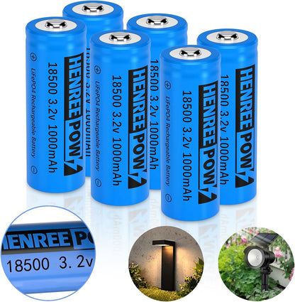 Henreepow 18500 3.2v LiFePo4 Rechargeable Battery, 3.2v LiFePo4 Rechargeable Battery 1000mAh for Outdoor Garden Solar Lights, Flashlight (18500-3.2v-6Pack)