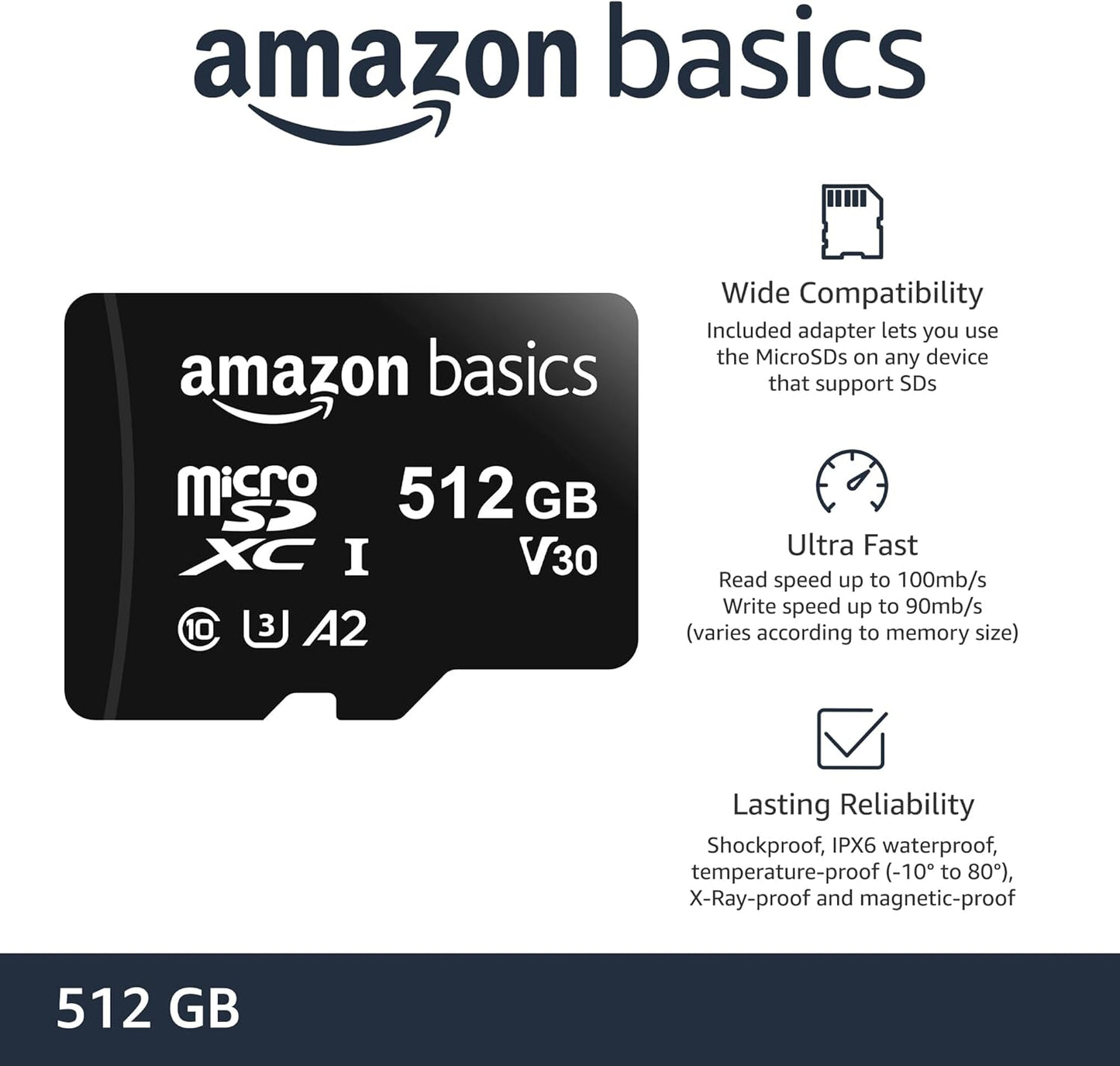 Amazon Basics Micro SDXC Memory Card with Full Size Adapter, A2, U3, Read Speed up to 100 MB/s, 512 GB, Black