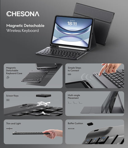 CHESONA Keyboard Case for iPad (A16) 11th/10th Generation (2025/2022), Detachable Wireless Keyboard, Stand Folio Keyboard Cover with Pencil Holder, Thin & Light (Black)
