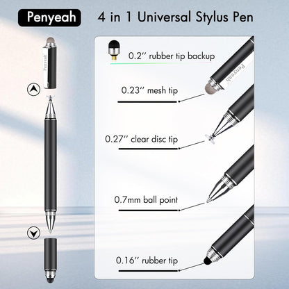 Penyeah Stylus Pen, 4 in 1 Disc Stylus Pens for Touch Screens, High Precision and Sensitivity Universal Capacitive Stylus, Stylist for Tablets,iPhone,iPad,Laptops with 4 Replacement Tips - Black