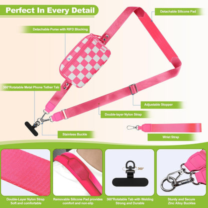 Clip and Go Strap for Phone with Wallet Crossbody, Adjustable Phone Lanyard with Detachable RFID Wristlet Wallet, Phone Strap with Phone Tabs for All Phones, Pink Checkered (L)