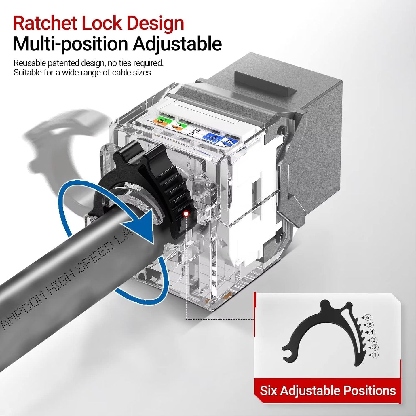 AMPCOM CAT6A UTP RJ45 Keystone Jack 50u Gold Plating Reusable Ethernet Wall Jack with Adjustable Ratchet Lock (No Tool and Zip Tie Required) - Gray (12-Pack)