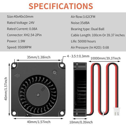 Wathai DC 4010 Blower Fan 24V Duall Ball High Speed with 1000mm/ 3.3 ft Wires 40mm x 10mm 24 Volt DC Brushless Radial Turbo Fans for Ender 3 Fan Upgrade Extruder Hot End Cooling 2 Pack