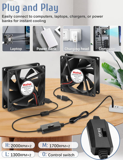 Wathai 80mm x 80mm x 25mm USB Fan 5V for Computer Laptop Router DVR Xbox Cooling 2 Packs