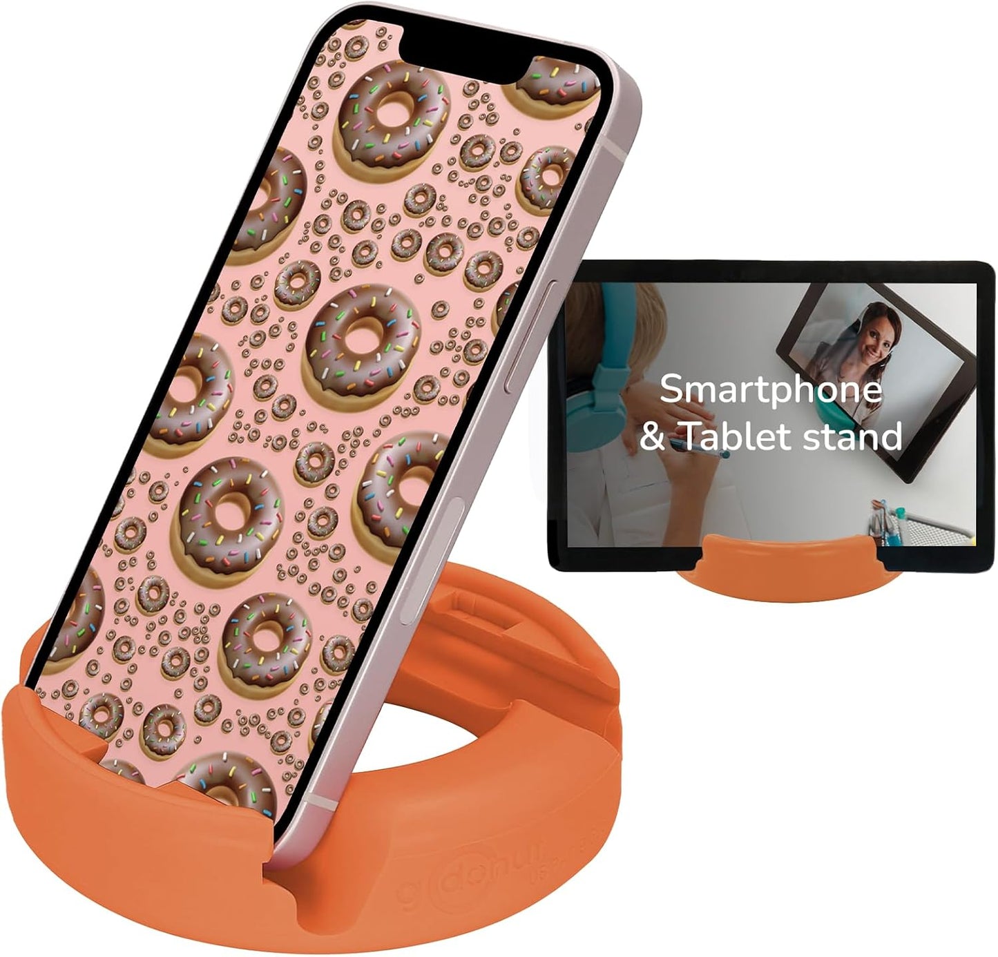 GoDonut – Phone Stand Original – Cell Phone Holder + Tablet Stand Desk Organizer – Compatible with Tablet, iPhone 16 15 14 Pro Max, Android & Most Smartphones - Orange