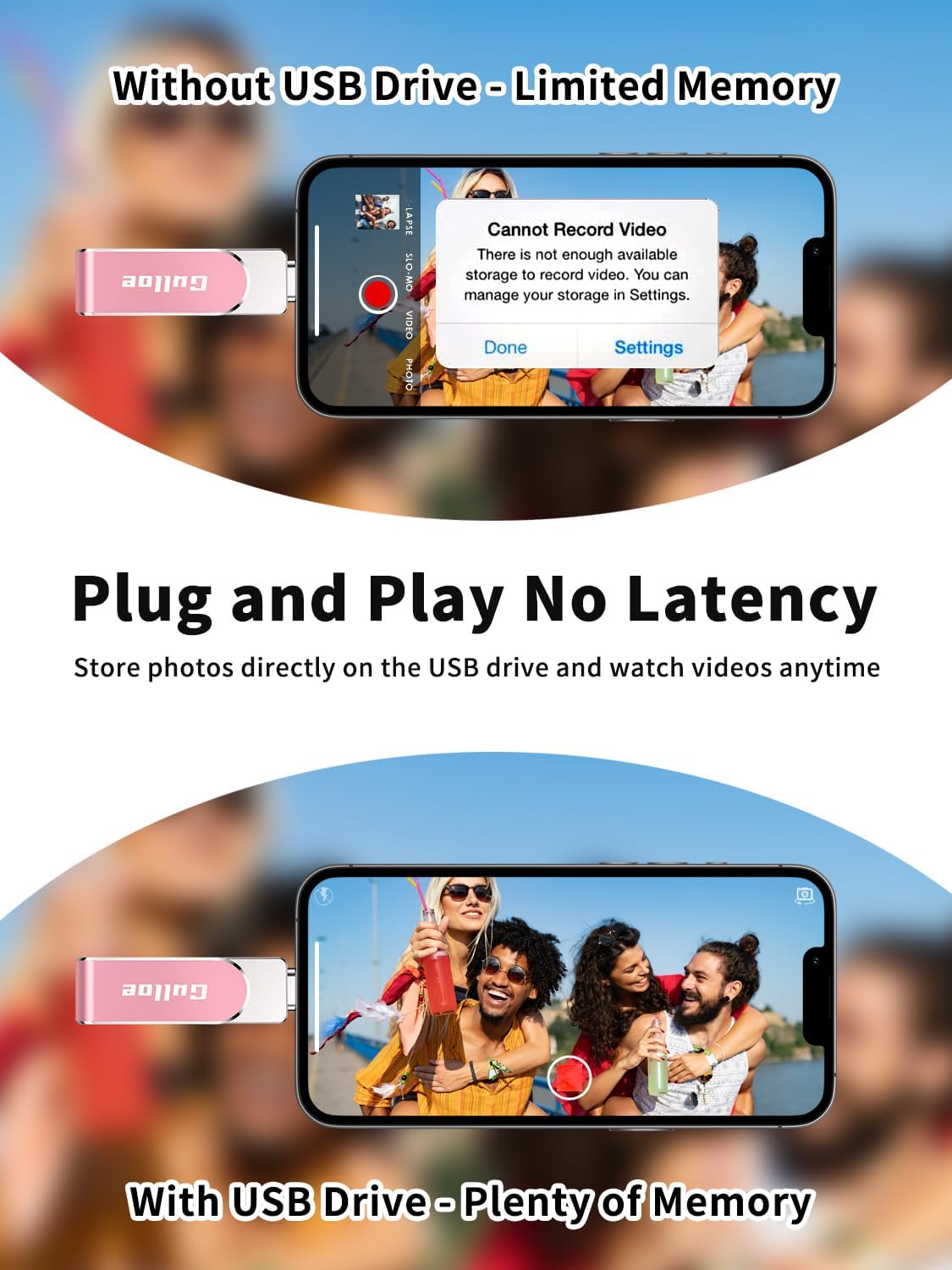 Gulloe 256GB Flash Drive Intended for iPhone, Memory Stick Storage for Photos and Videos Backup, Compatible with iPhone iPad Android PC, Plug and Play, No Application Required (Pink)