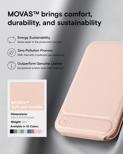 MOFT Phone Stand, Magnetic Phone Tripod Stand Stain-Resistant MOVAS Leather & Angle Adjustment & Strong Magnets Tripod for iPhone 16/15/14/13/12 (Included Metal Ring)-Peach Pink