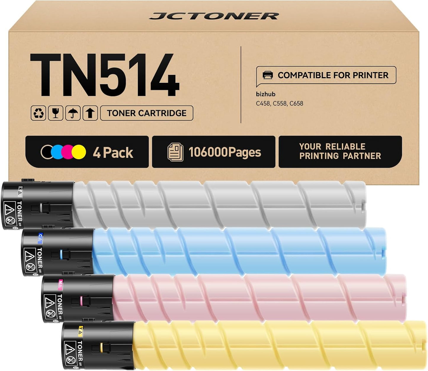 TN514 Toner Cartridge 4 Pack High Yield Compatible Replacement for Konica Minolta TN-514 TN514K TN514C TN514M TN514Y A9E8130 A9E8230 A9E8330 A9E8430 Bizhub C458 C558 C658 Printer Ink Color Black Copy