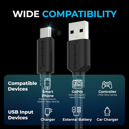 SABRENT [3-Pack 22AWG Premium 6ft USB-C to USB A 3.0 Sync and Charge Cables [Black] (CB-C3X6)