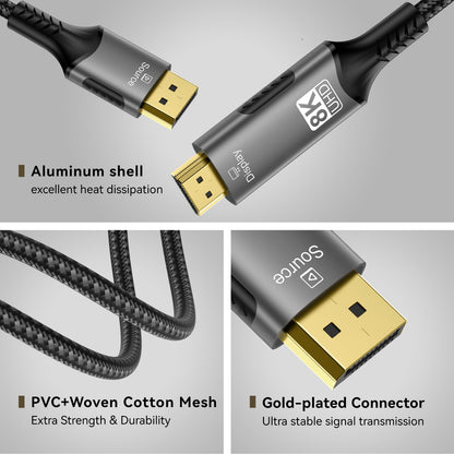 FDBRO 8K DisplayPort to HDMI Cable Active 8K@60Hz 4K@120Hz 32.4Gbps, Uni-Directional, DP 1.4 to HDMI 2.1 Cord Support HDR/HDCP 2.2/DSC 1.2 for Gaming Monitor, TV, PC (Gray & Black, 3M (10FT))