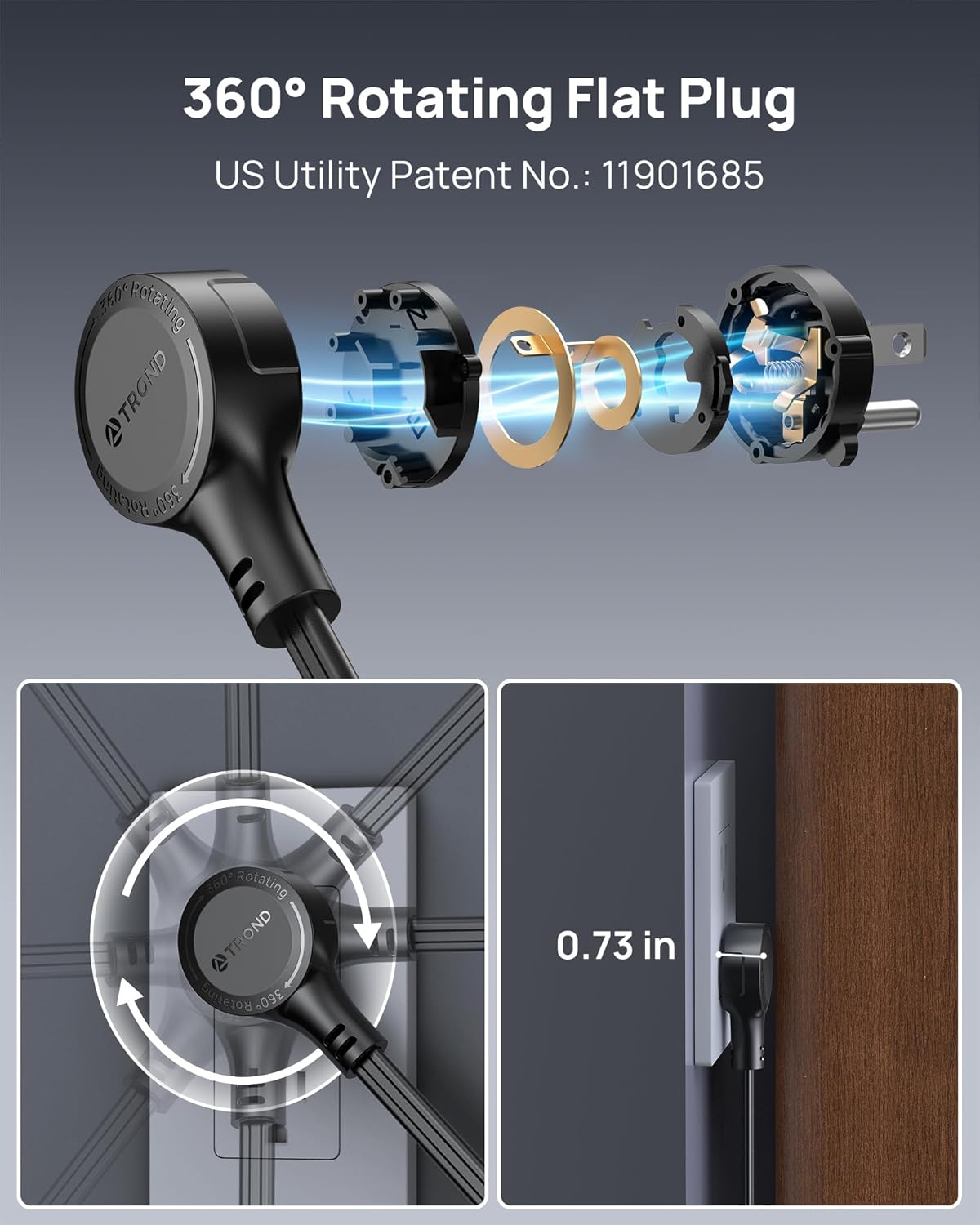 TROND 360° Rotating Flat Plug Power Strip, 3FT Extension Cord with 4 USB Ports, 4 Wide Spaced AC Outlets, Wall Mount, 900J Surge Protector for Office Travel Dorm Room Essentials, Black