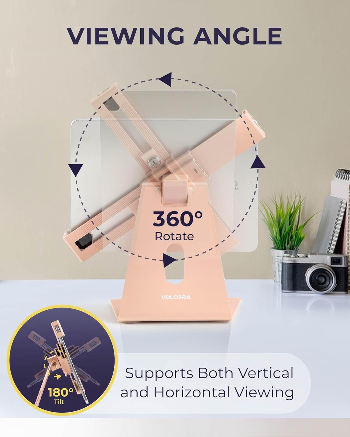 Volcora Anti-Theft Tablet Stand iPad Security Holder with Lock Pink 10-13 Inch Kiosk Stand Mount, Swivel, Adjustable for All iPad, Tablets, POS Register, Retail Business, Checkout, Cashier